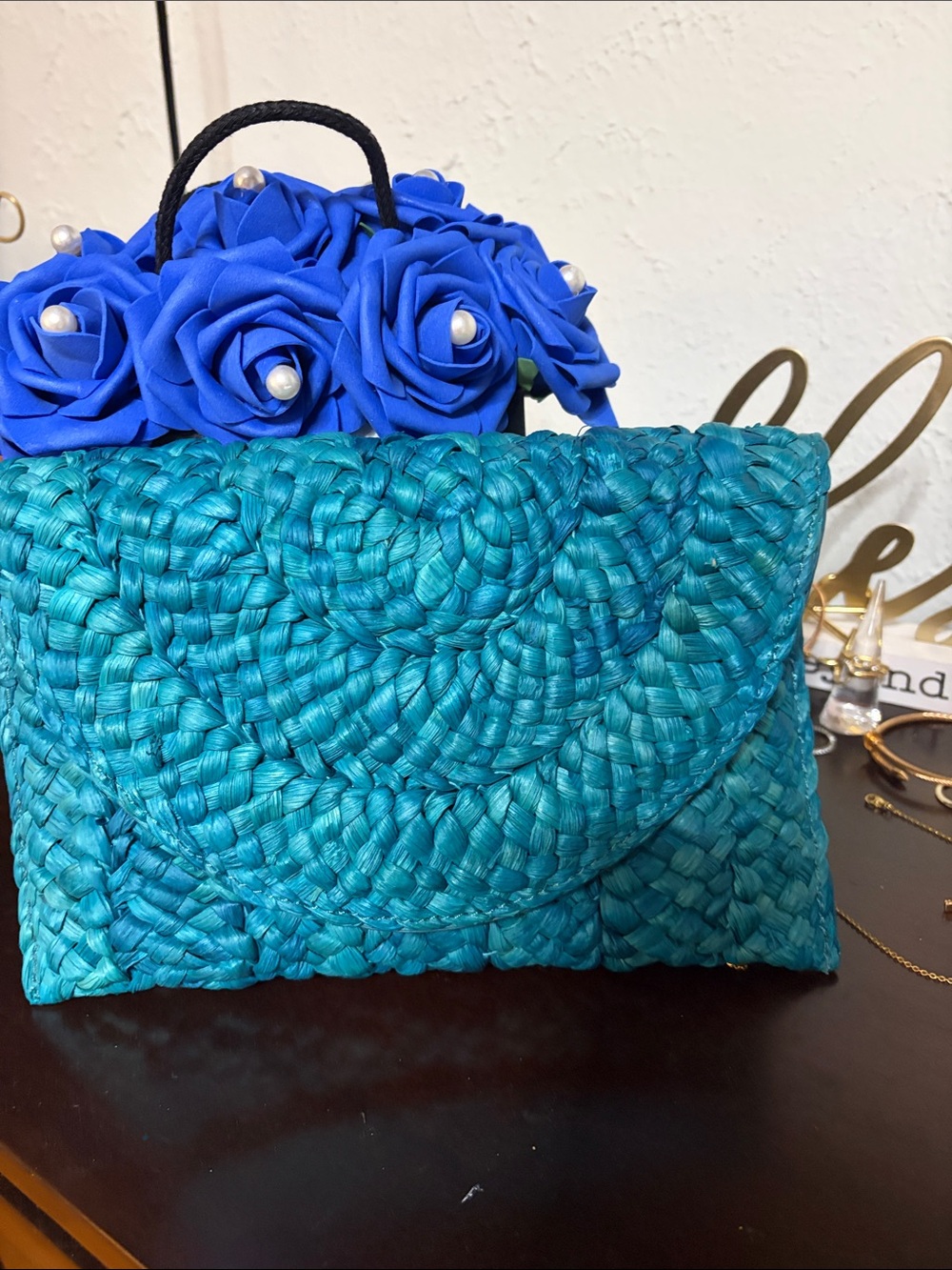 Urban Expressions Teal Woven Straw Clutch